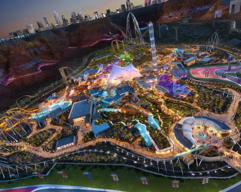 Aerial view of Six Flags Qiddiya City and its entertainment attractions