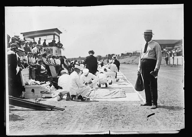 Railroad employees competing in a Red Cross first aid contest in Punxsutawney